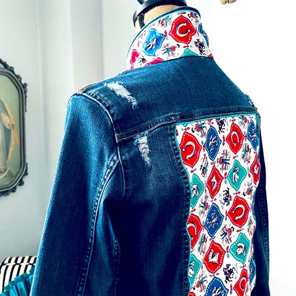 Hand Chain Stitched Retro Cowboy Show Stopping Reworked Western Denim Jacket - Picture 1 of 4